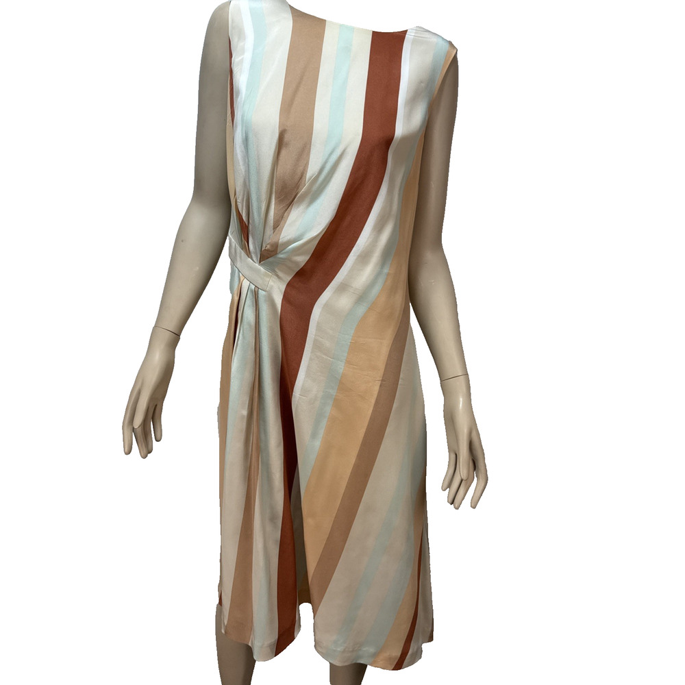 J Peterman Asymmetrical Stripe Silk Shift Midi Dress Size 8 Sleeveless Tan Ivory